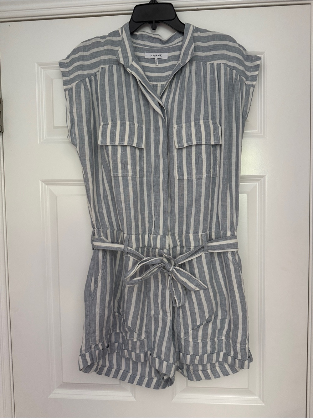 Frame linen Blue and White Striped Tie-Waist Romper